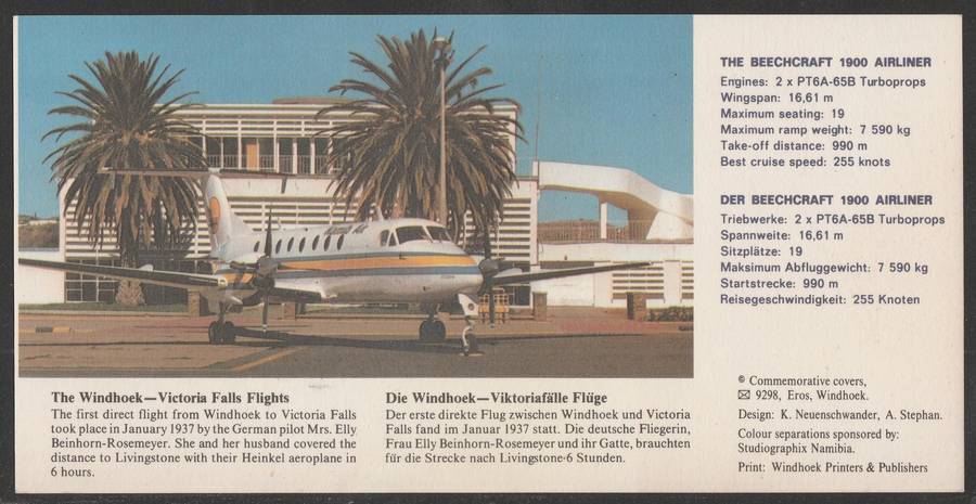 AVIATION 1990 NAMIB AIR SIGNED CARD #41 - FIRST SCHEDULED FLIGHT WINDHOEK TO VICTORIA FALLS