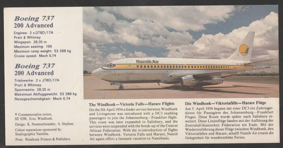 AVIATION 1990 NAMIB AIR CARD #42 - INAUGURAL BOEING 737 FLIGHT WINDHOEK TO HARARE