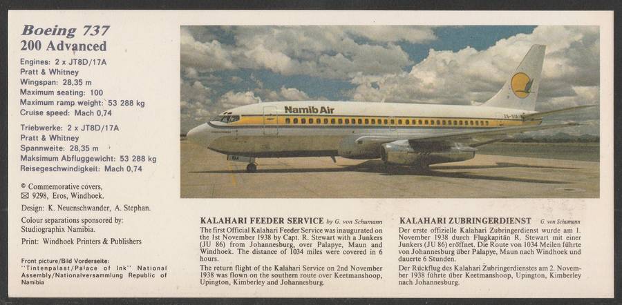 AVIATION 1991 NAMIB AIR CARD #45 - FIRST BOEING 737 FLIGHT WINDHOEK TO GABORONE