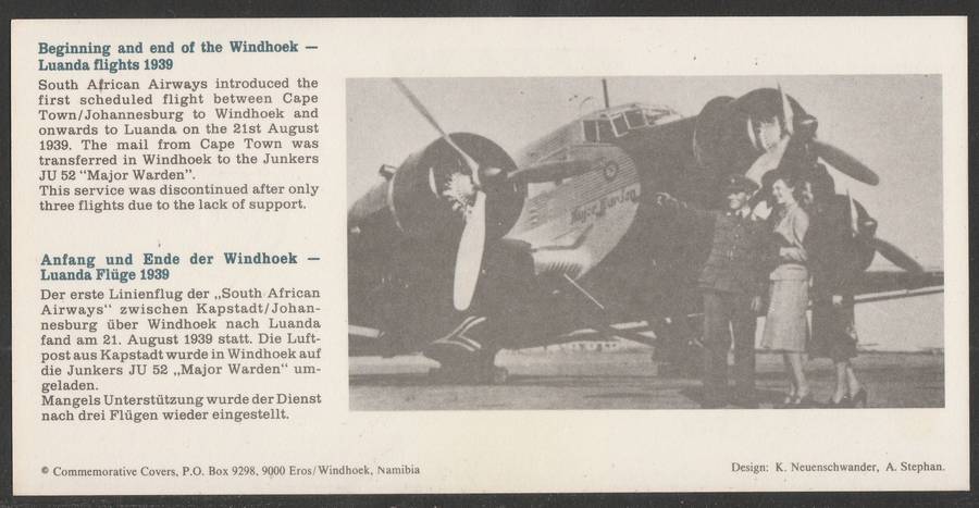 AVIATION 1991 AIR NAMIBIA SIGNED CARD #48 - FIRST BOEING 737 FLIGHT WINDHOEK TO LUANDA