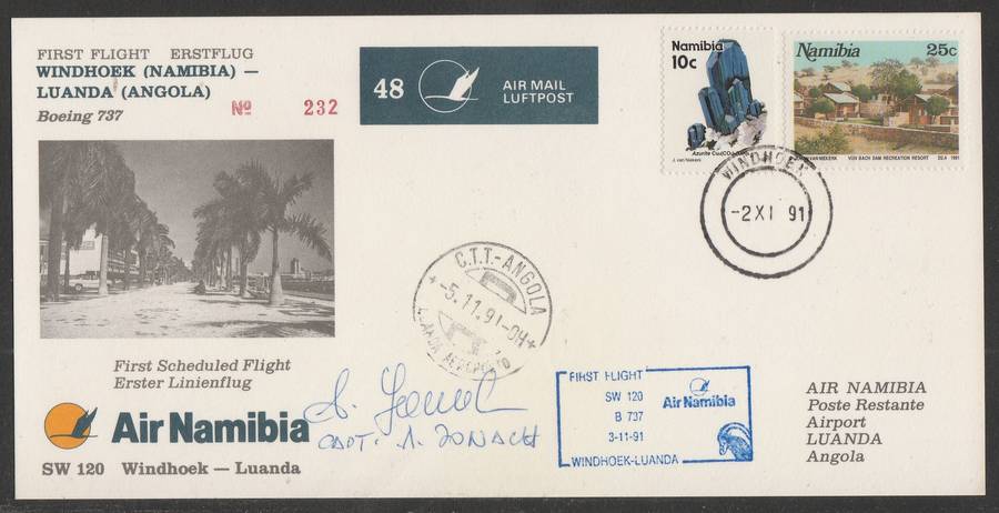 AVIATION 1991 AIR NAMIBIA SIGNED CARD #48 - FIRST BOEING 737 FLIGHT WINDHOEK TO LUANDA