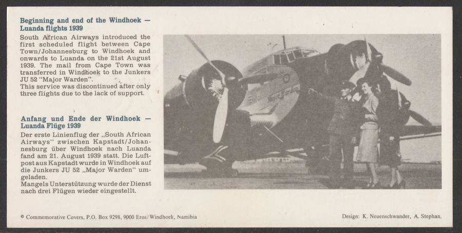 AVIATION 1991 AIR NAMIBIA CARD #48 - FIRST BOEING 737 FLIGHT WINDHOEK TO LUANDA