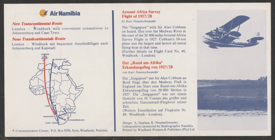 AVIATION 1992 AIR NAMIBIA SIGNED CARD #50 - FIRST BOEING 747SP FLIGHT LONDON TO WINDHOEK