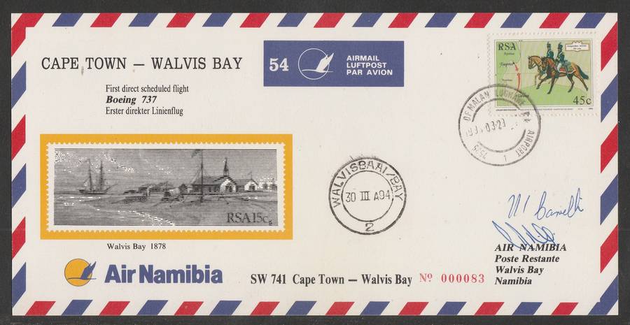 AVIATION 1994 AIR NAMIBIA SIGNED CARD #54 FIRST BOEING 737 FLIGHT CAPE TOWN TO WALVIS BAY