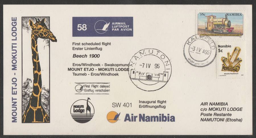 AVIATION 1995 AIR NAMIBIA CARD #58 FIRST SCHEDULED FLIGHT MOUNT ETJO TO MOKUTI LODGE