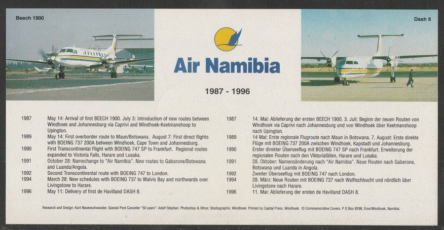 AVIATION 1996 AIR NAMIBIA CARD #64 50 YEARS FLIGHT IN NAMIBIA WINDHOEK TO FRANKFURT