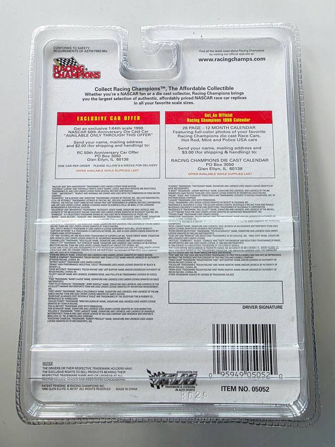 1998 LTD. ED. RACING CHAMPIONS - NASCAR GOLD - COMMEMORATIVE SERIES - PREMIER DIE CAST