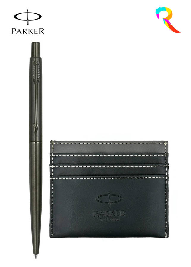 Parker Gift Set - Classic Gun Metal Ballpoint Pen and Credit Card Holder - Blue ink