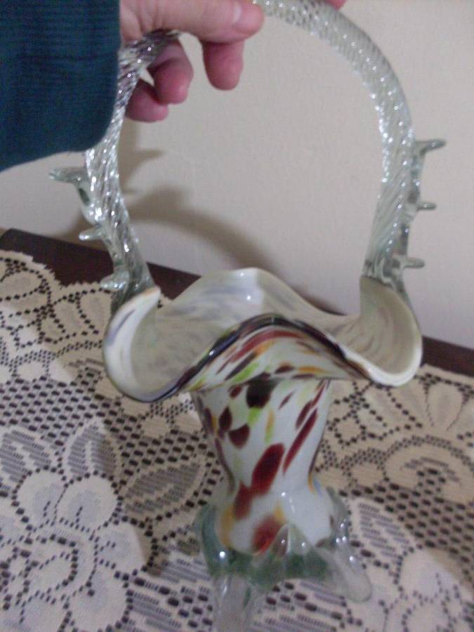 2 X VENETIAN/ MURANO MULTICOLOUR GLASS BASKETS...27 CM TALL EACH