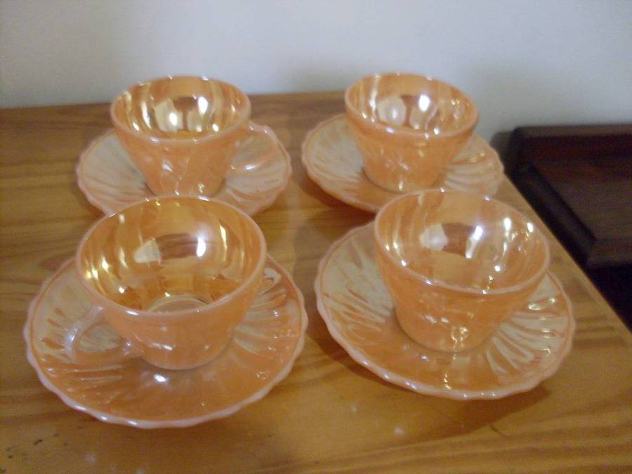 ANCHOR HOCKING PEACH LUSTRE (SHELL PATTERN ) 4 DUOS...CIRCA 1950'S