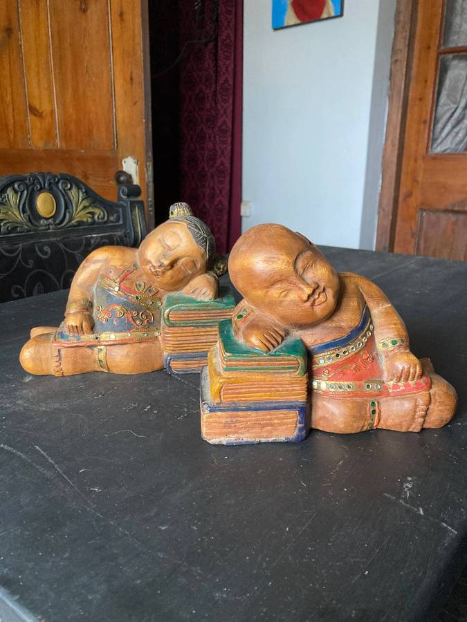 CHINESE WOODEN SCULPTURES SLEEPING BOY AND GIRL
