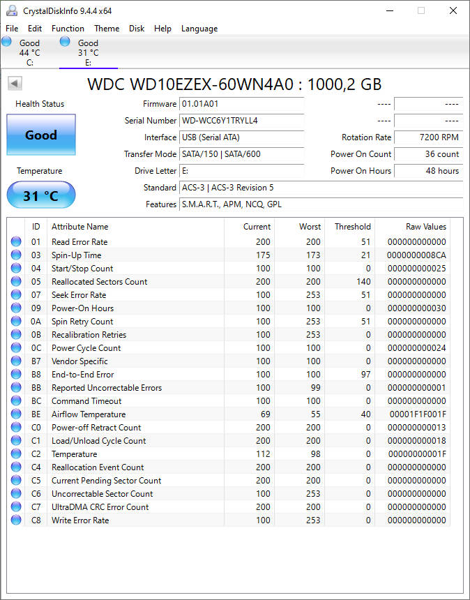 Western Digital Hard drive HDD 1TB 7200 RPM WD-WCC6Y1TRYLL4 (Power on Hours: 48 Hours)