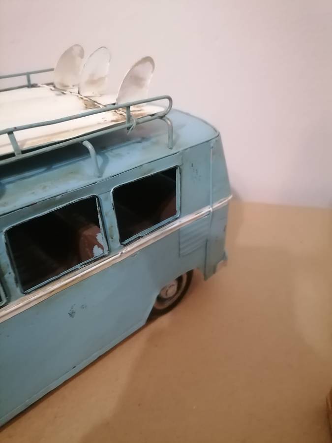 LARGE 30CM LONG VINTAGE VW STYLE SLIT WINDOW SAMBA BUS WITH SURFBOARDS TIN METAL CAMPER