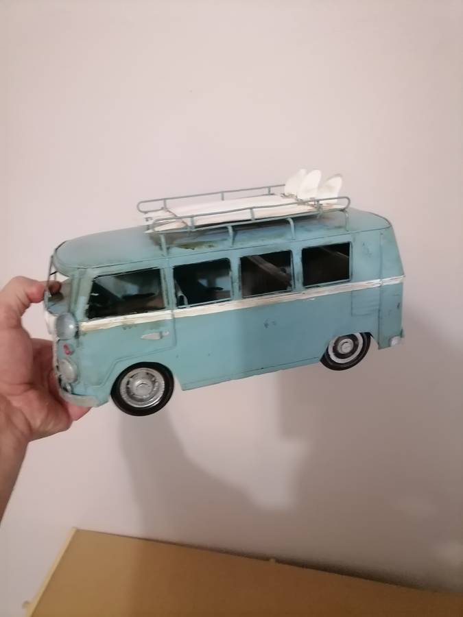 LARGE 30CM LONG VINTAGE VW STYLE SLIT WINDOW SAMBA BUS WITH SURFBOARDS TIN METAL CAMPER