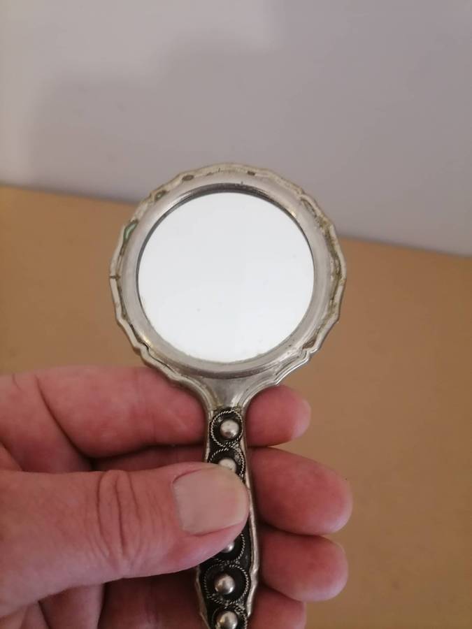 20th Century Rare antique Original styled by Schildkraut Etruscan style Silver Purse dress Mirror