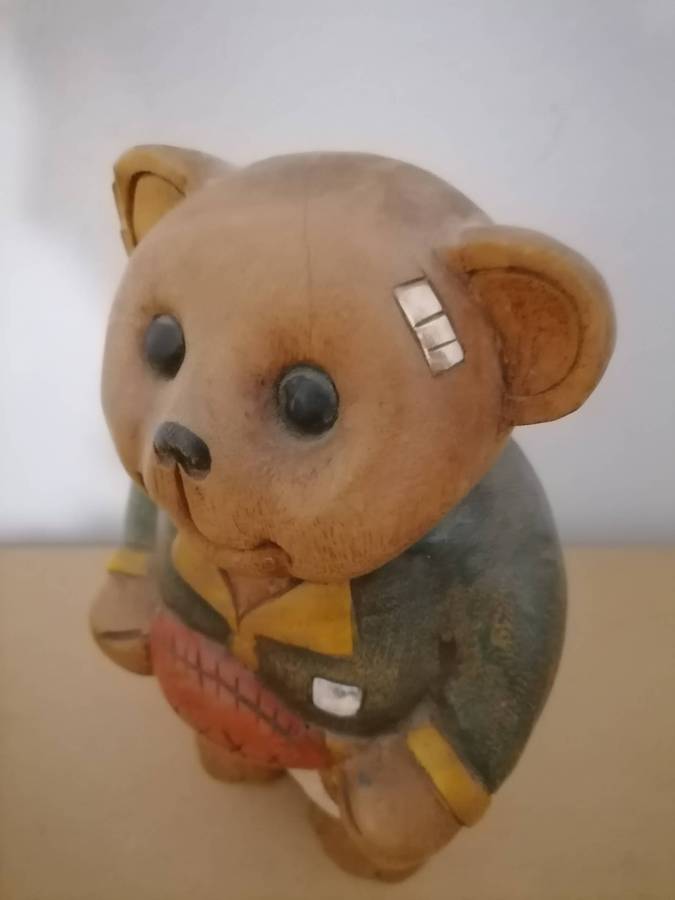 Vintage Hand Carved Solid Wooden Springbok Player Teddy Bear 23 CM H - 15 CM WIDTH