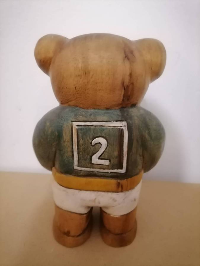 Vintage Hand Carved Solid Wooden Springbok Player Teddy Bear 23 CM H - 15 CM WIDTH