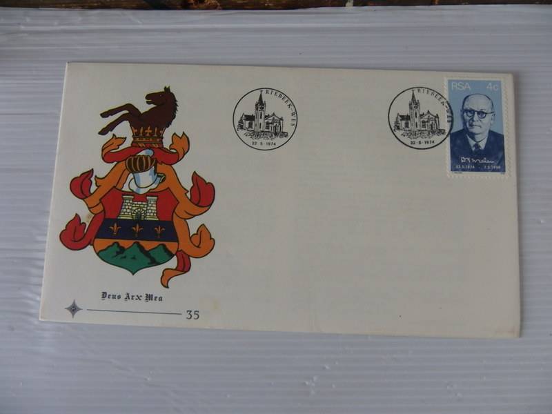 RSA 1.35 (1974) - Centenary of the Birth Of Dr DF Malan Official FDC with Green Horse Ear