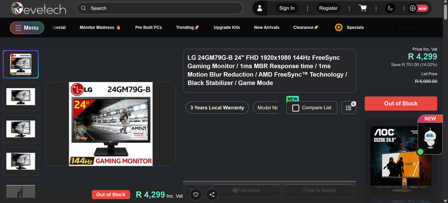 LG 24" Class Full HD Gaming Monitor 144Hz 1ms