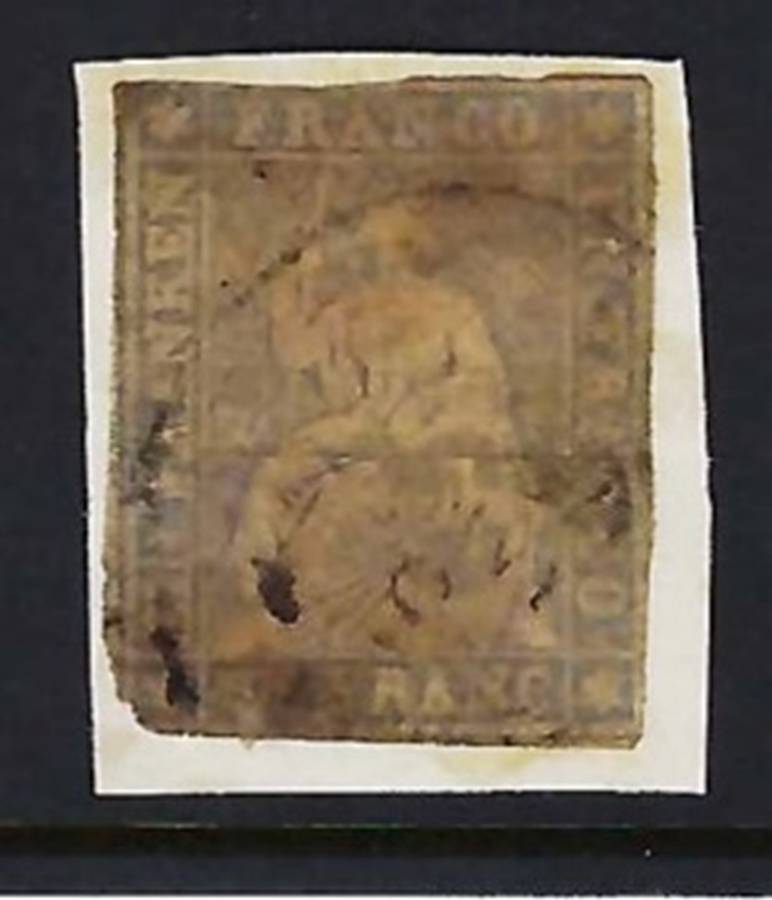 SWITZERLAND - 1854 - RARE 1 FRANC LILAC - USED ON PIECE SG 38a - CV  R 25,635.00 - VIEW BELOW (X)