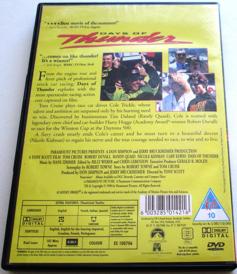 DAYS OF THUNDER Tom Cruise DVD [BBOX 8]