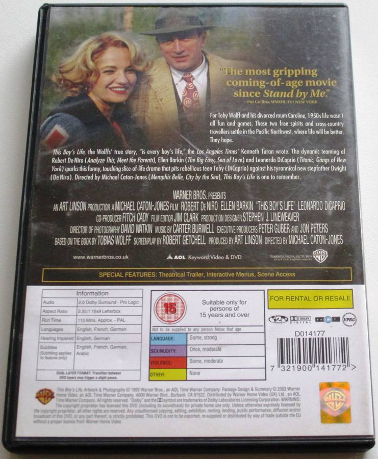 THIS BOY'S LIFE Robert De Niro Ellen Barkin DiCaprio DVD [BBOX 14]