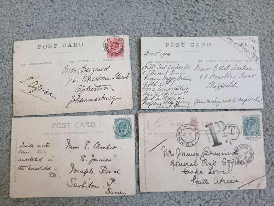 FOUR EARLY 1900`s POST CARDS FINE USED-SOME TAXED !! BUY NOW`S GET FREE CARD.