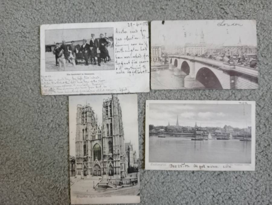 FOUR EARLY 1900`s POST CARDS FINE USED-SOME TAXED !! BUY NOW`S GET FREE CARD.