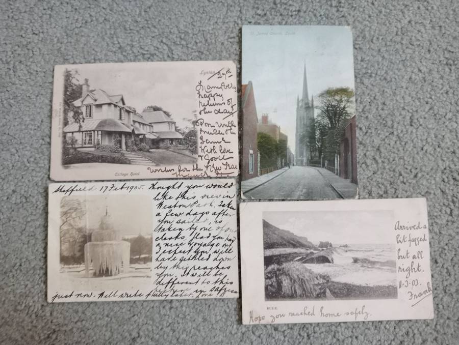 FOUR EARLY 1900`s POST CARDS FINE USED-SOME TAXED !! BUY NOW`S GET FREE CARD.