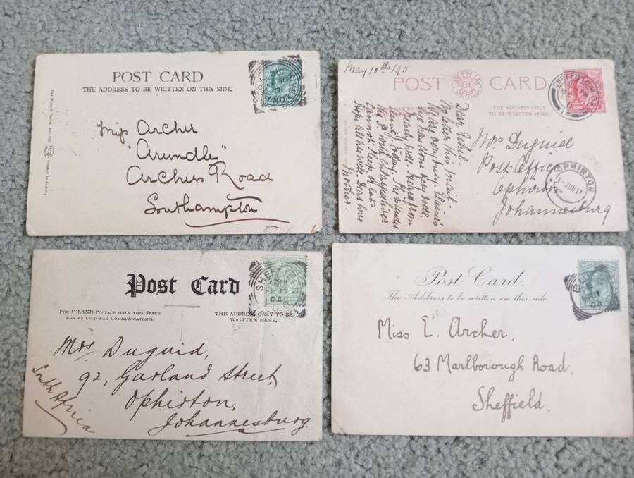 FOUR EARLY 1900`s POST CARDS FINE USED-SOME TAXED !! BUY NOW`S GET FREE CARD.