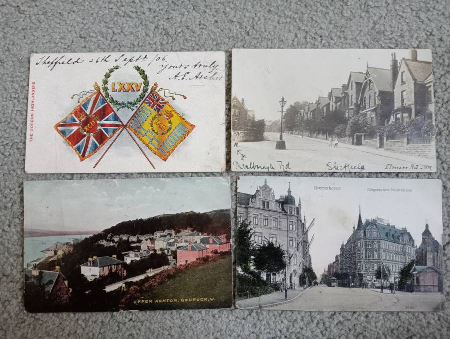 FOUR EARLY 1900`s POST CARDS FINE USED-SOME TAXED !! BUY NOW`S GET FREE CARD.