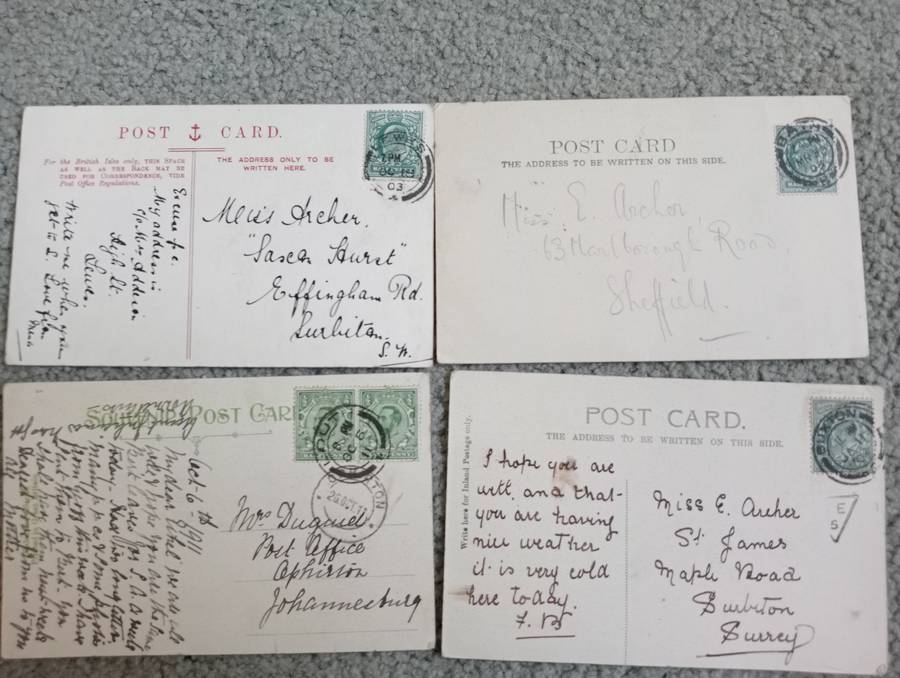 FOUR EARLY 1900`s POST CARDS FINE USED-SOME TAXED !! BUY NOW`S GET FREE CARD.