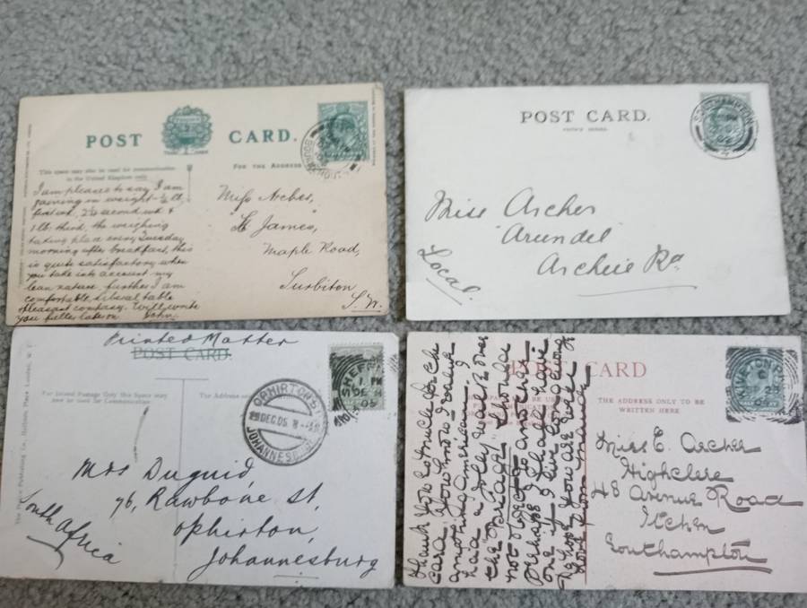 FOUR EARLY 1900`s POST CARDS FINE USED-SOME TAXED !! BUY NOW`S GET FREE CARD.