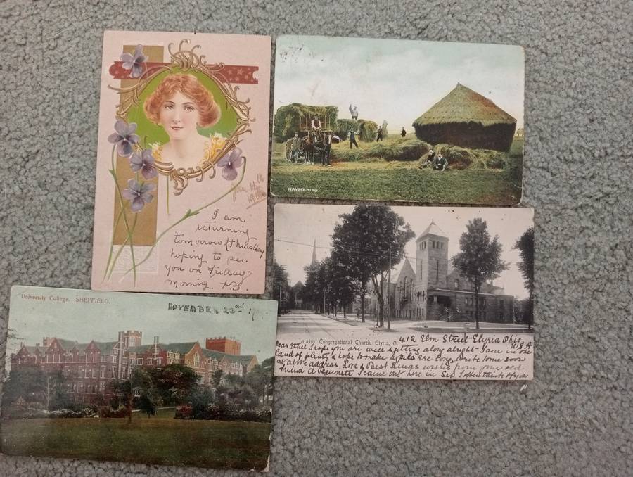 4 LOVELY EARLY 1900`s POST CARDS MOSTLY TO S.A. BUY NOW`S GETS FREE CARD