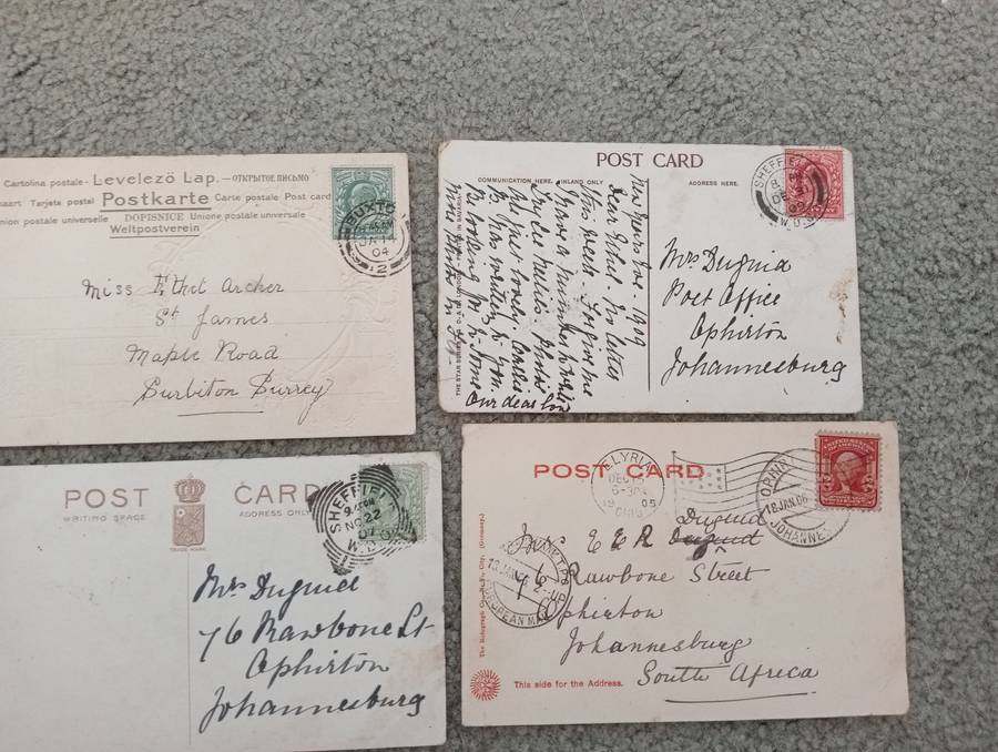 4 LOVELY EARLY 1900`s POST CARDS MOSTLY TO S.A. BUY NOW`S GETS FREE CARD