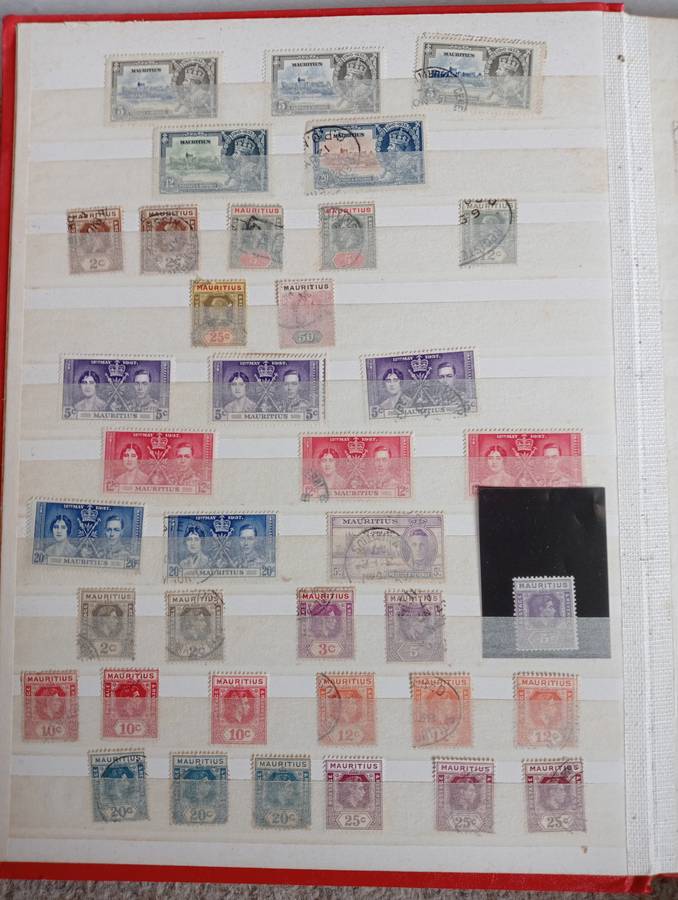 MAURITIUS AND SEYCHELLES IN A STOCK BOOK-MANY EARLY USEFUL,KGVI SEYCHELLES HAS TONING -CONDITION ISS