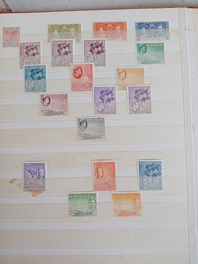 MAURITIUS AND SEYCHELLES IN A STOCK BOOK-MANY EARLY USEFUL,KGVI SEYCHELLES HAS TONING -CONDITION ISS