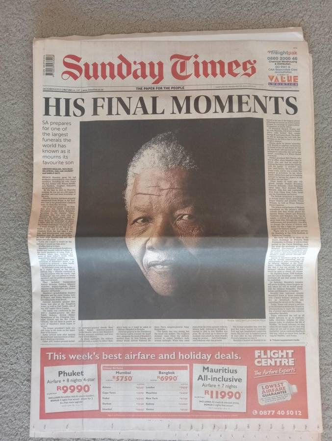 EXTREMELY SCARCE 5 DIFFERENT " MANDELA NEWSPAPERS 2013 " UNREAD AS NEW-ALL PARTS INCLUDED !!