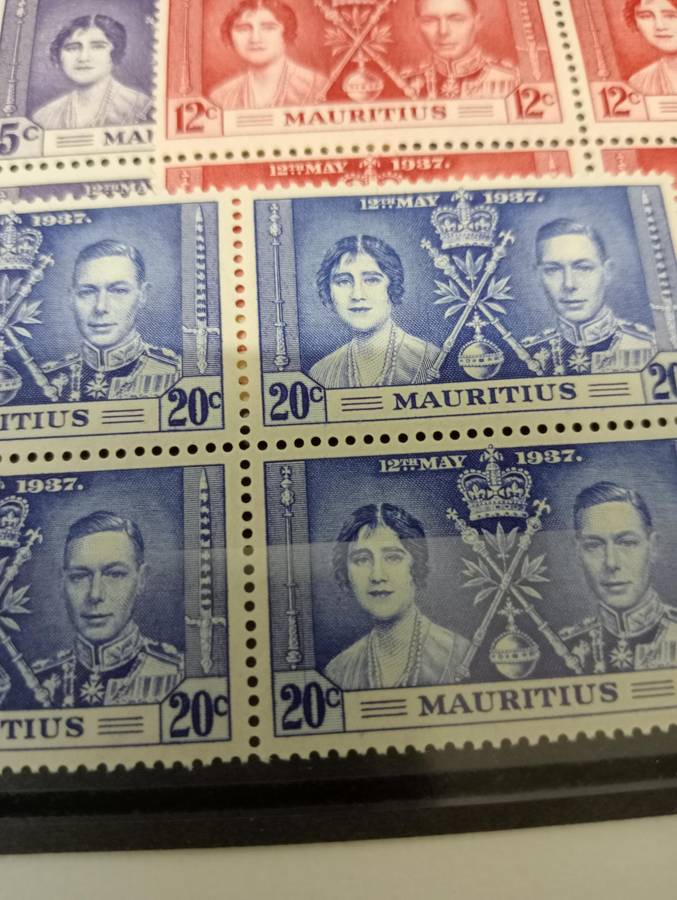 SCARCE Mauritius KGVI Coronation set as blocks of umm 30c SHOWS " LINE BY SCEPTRE "  R2160.00+