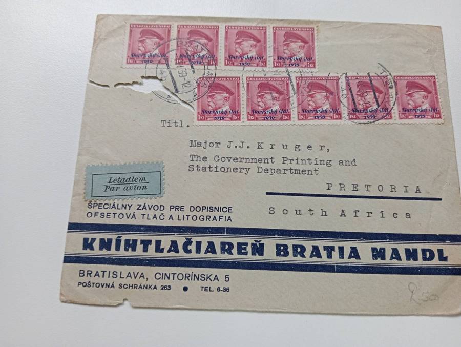 SLOVAKIA 1939-SCARCE MULTIPLE FRANKING OVERPRINT-SOME DAMAGE ON COVER AS PER SCAN