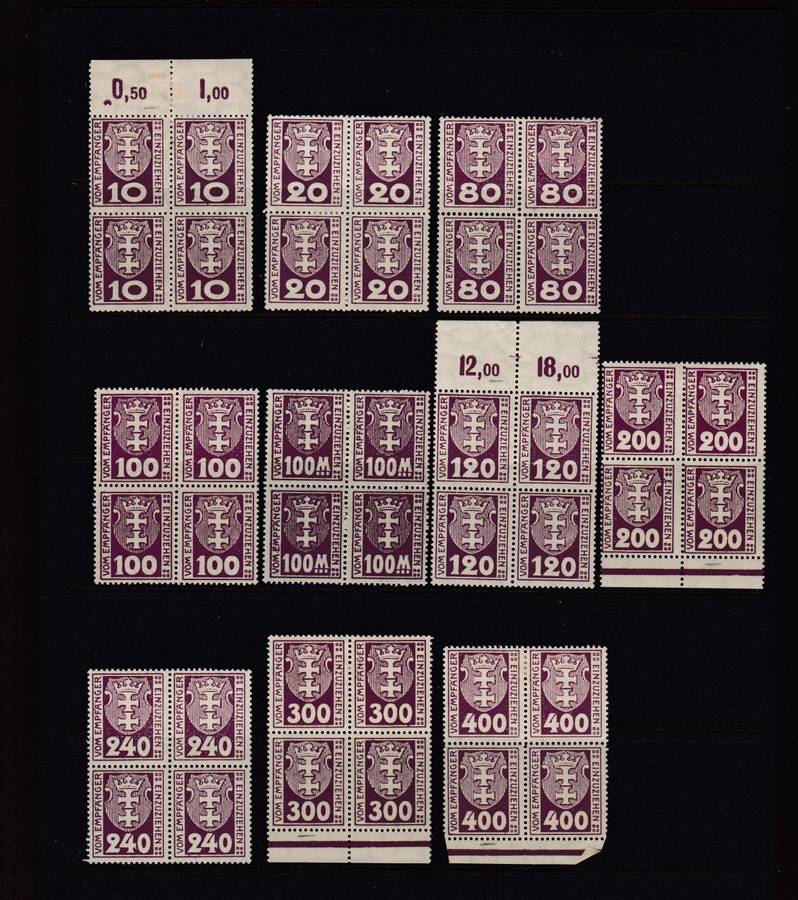 DANZIG-LOVELY MINT/UMM BLOCKS -PLATE FLAWS INDICATED IN MARGINS