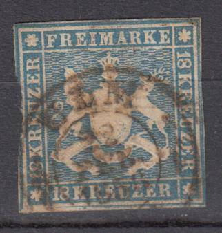 WURTTEMBERG-1857 ONE OF THE MOST RARE ISSUE  R64 400.00           SG 19 USED-SEE BELOW