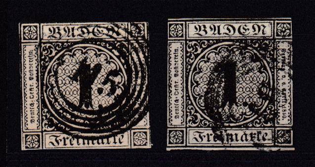BADEN- VERY SCARCE  SG1a AND 8 superb used BLACK ON BUFF included  R11 400.00