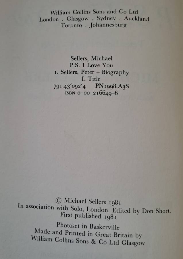 PS I Love You Peter Sellers 1925 - 1980  - Michael Sellers (Hardcover with DJ)