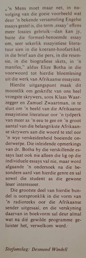 Afrikaanse Essayiste - Elize Botha (Hard cover with dj)