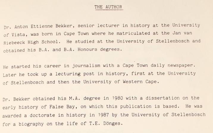 THE HISTORY OF FALSE BAY UP TO 1795 - A.E. BEKKER - INSCRIBED BY AUTHOR