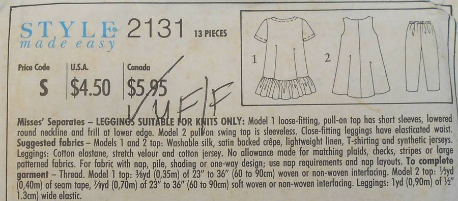 STYLE 2131 LOOSE FIT PULL ON TOP/WITH WITHOUT  SLEEVES + LEGGINGS SIZE 6-16 COMPLETE-UNCUT-F/FOLDED