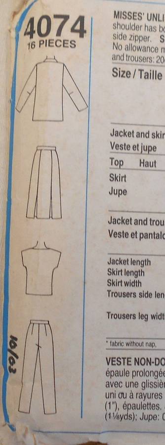 STYLE 4074 UNLINED JACKET-PULLOVER TOP-SKIRT-PANTS SIZE 10-12-14 COMPLETE-CUT TO 10