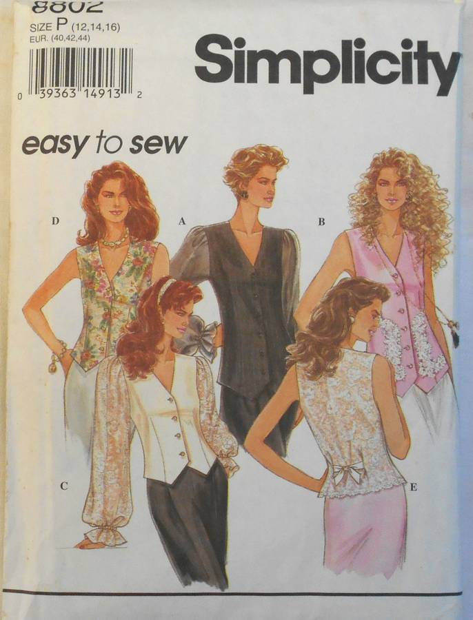 SIMPLICITY 8802 BLOUSE OR WAISTCOAT IN 2 LENGTHS SIZE 12-16 COMPLETE-PART CUT TO 14