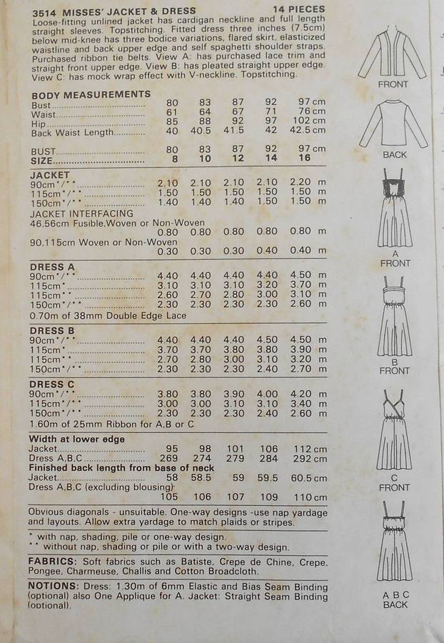 BUTTERICK 3511 LOOSE FITTING UNLINED JACKET & FITTED DRESS SIZE 12 COMPLETE